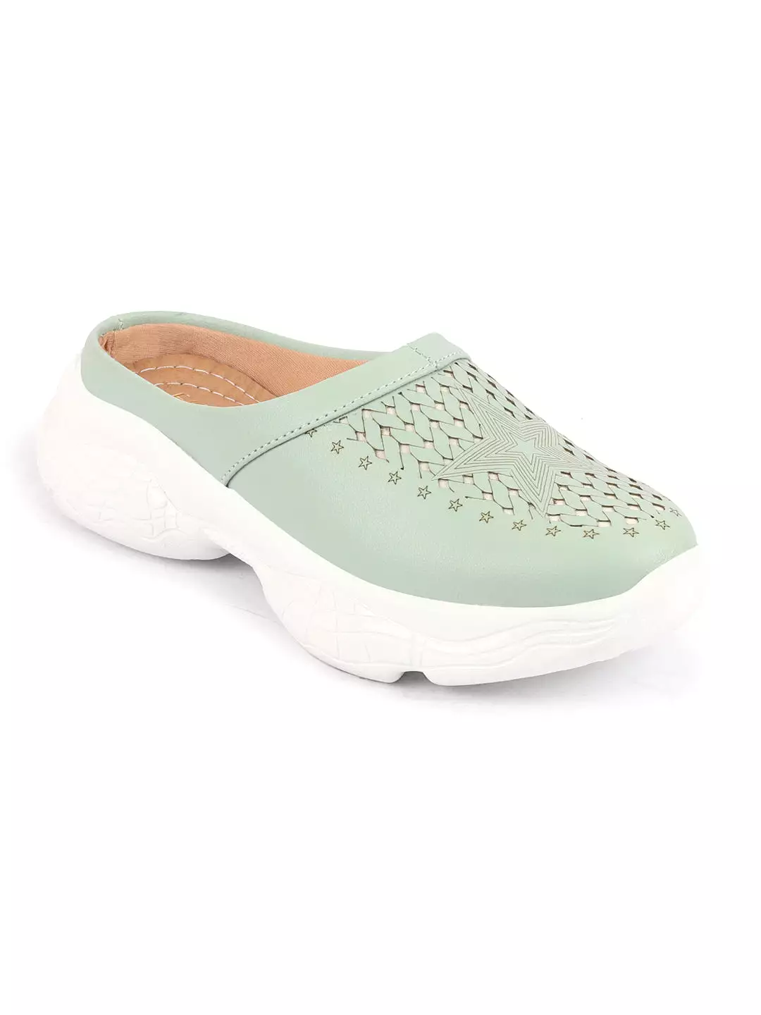 Pista Green Laser Cut Slip-On Mules for Women