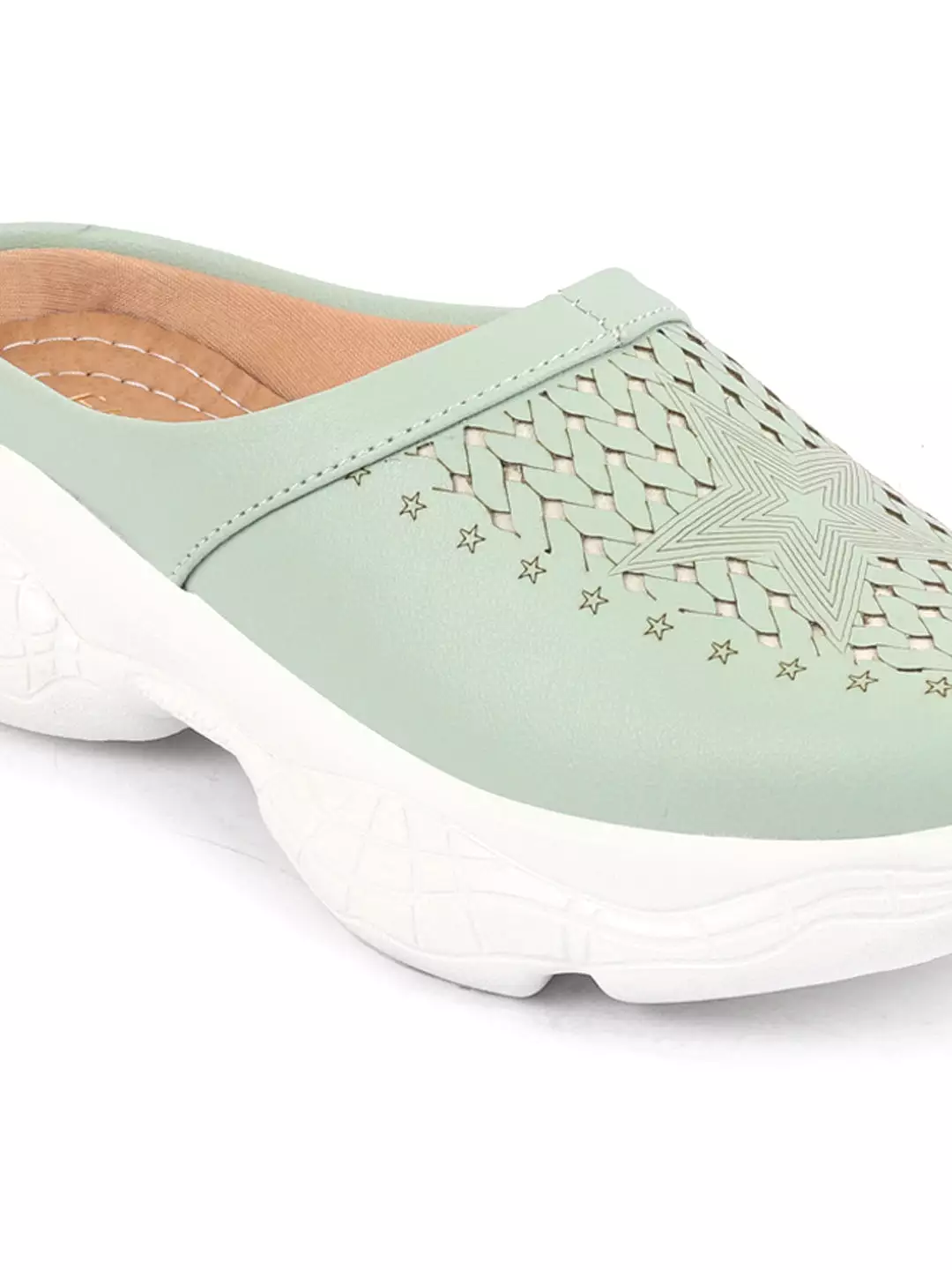 Pista Green Laser Cut Slip-On Mules for Women