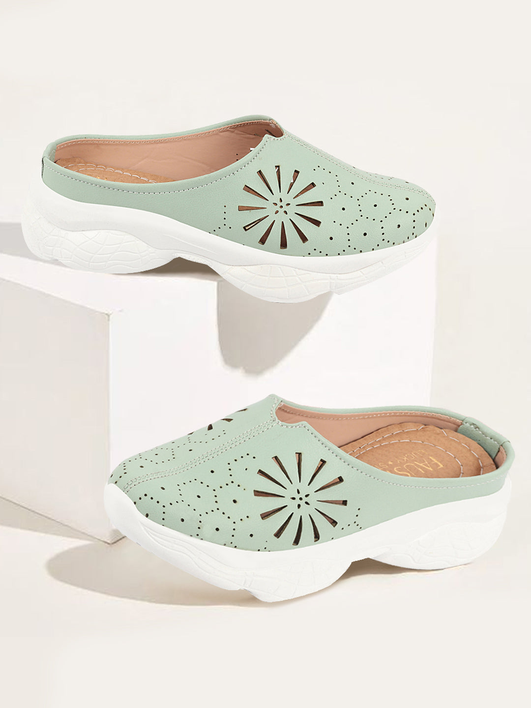 Pista Green Laser Cut Slip On Mules Shoes for Women