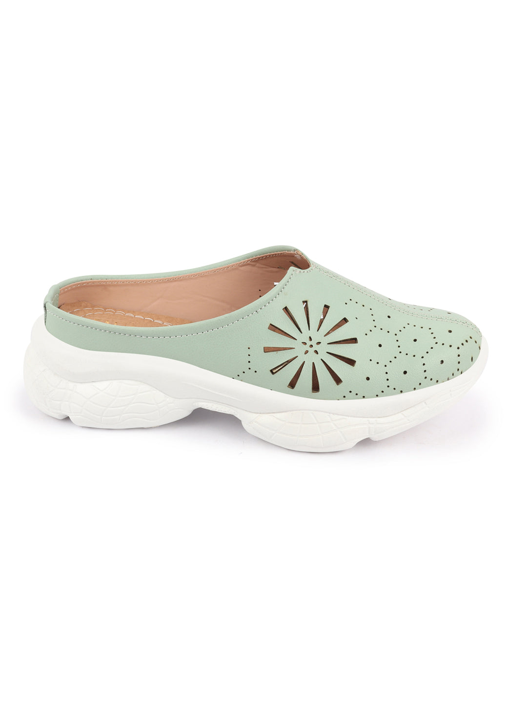 Pista Green Laser Cut Slip On Mules Shoes for Women