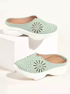 Pista Green Laser Cut Slip On Mules Shoes for Women