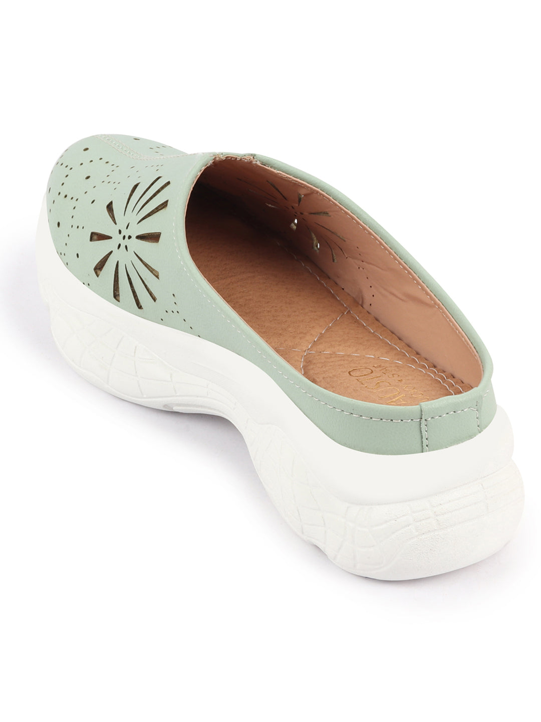 Pista Green Laser Cut Slip On Mules Shoes for Women