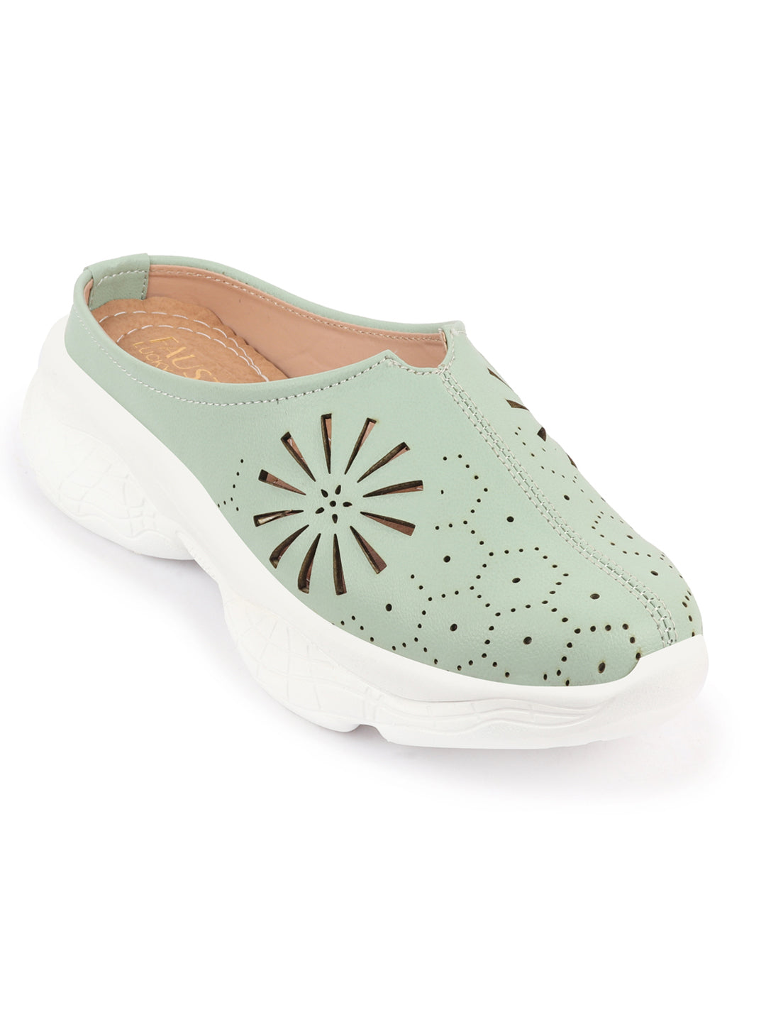 Pista Green Laser Cut Slip On Mules Shoes for Women