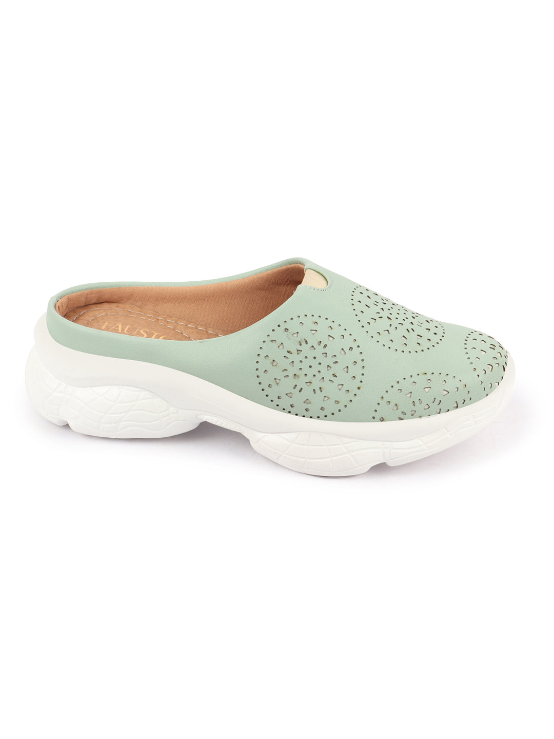 Pista Green Laser Cut Slip On Mules Shoes for Women