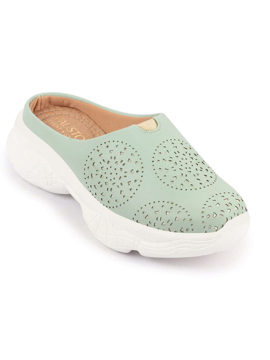 Pista Green Laser Cut Slip On Mules Shoes for Women