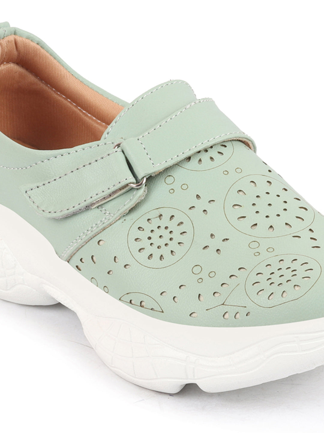 Pista Green Laser Cut Stitched Back Mules Shoes for Women with Hook & Loop Buckle