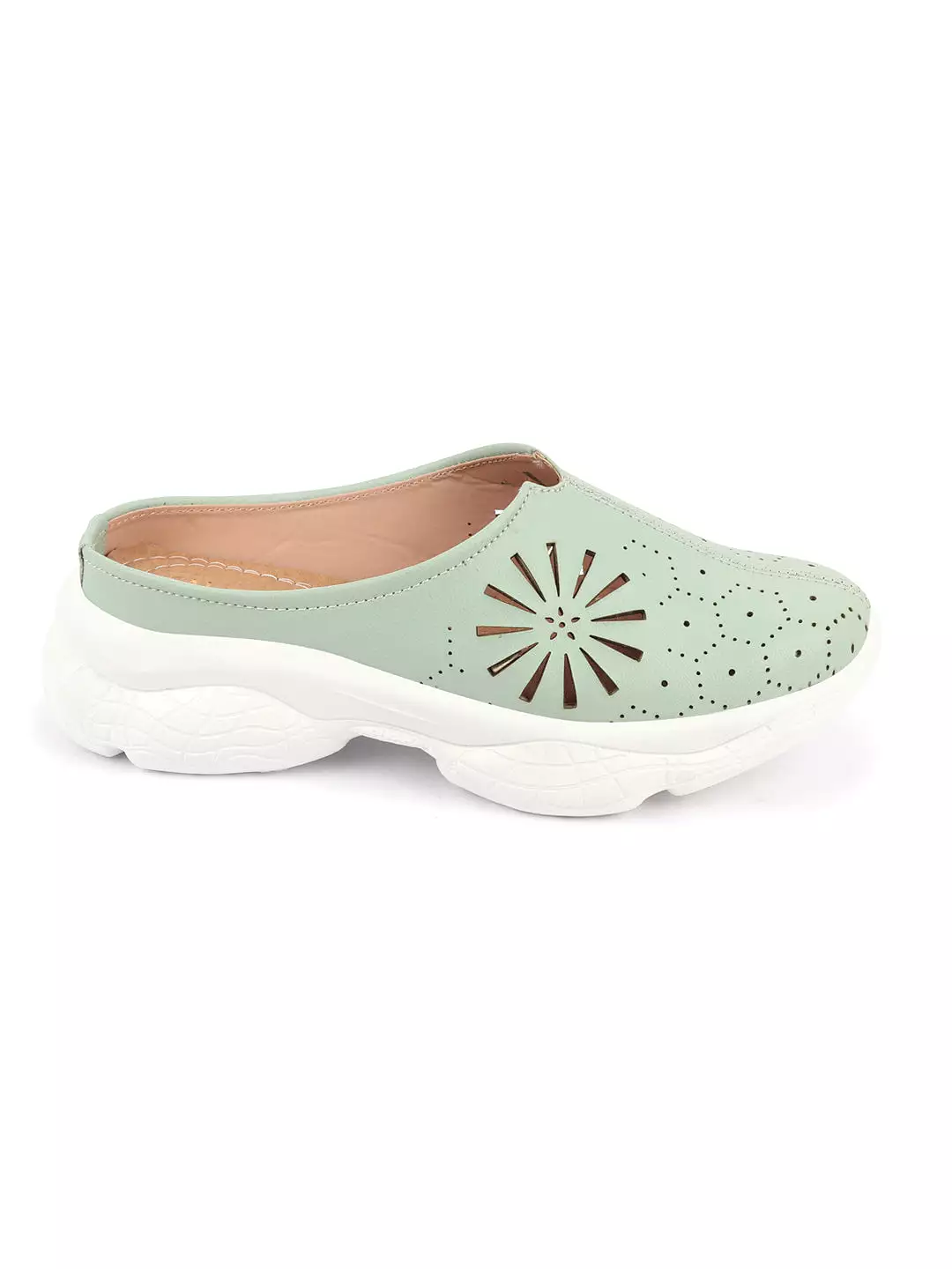 Pista Green Laser Cut Women's Slip On Mules with Breathable Back - Stitched Design