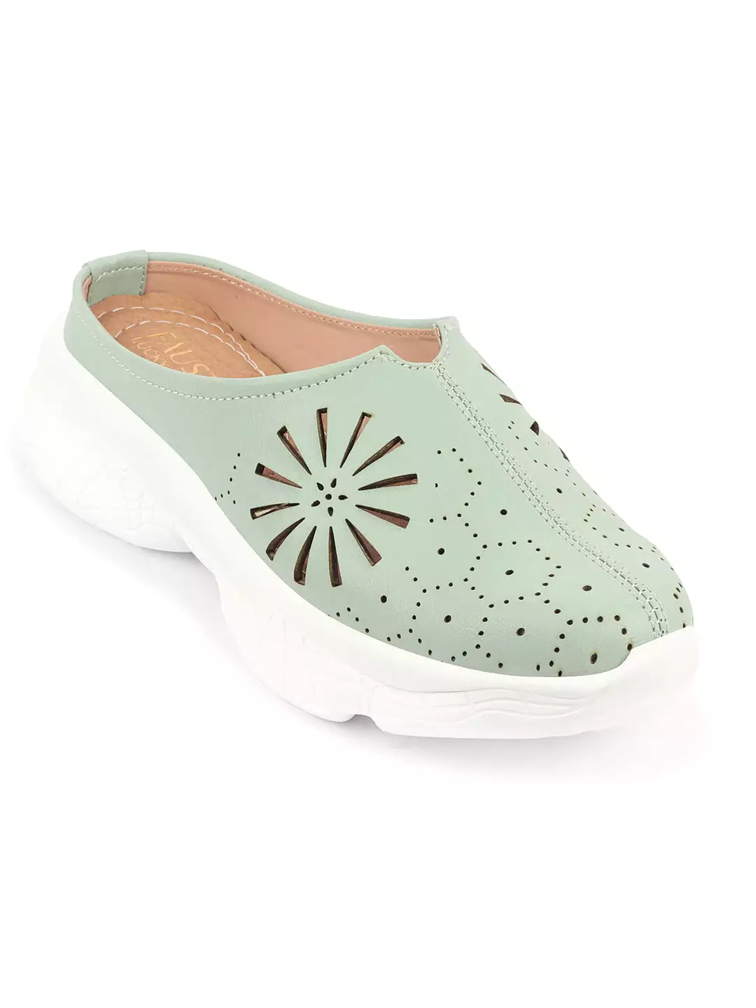 Pista Green Laser Cut Women's Slip On Mules with Breathable Back - Stitched Design