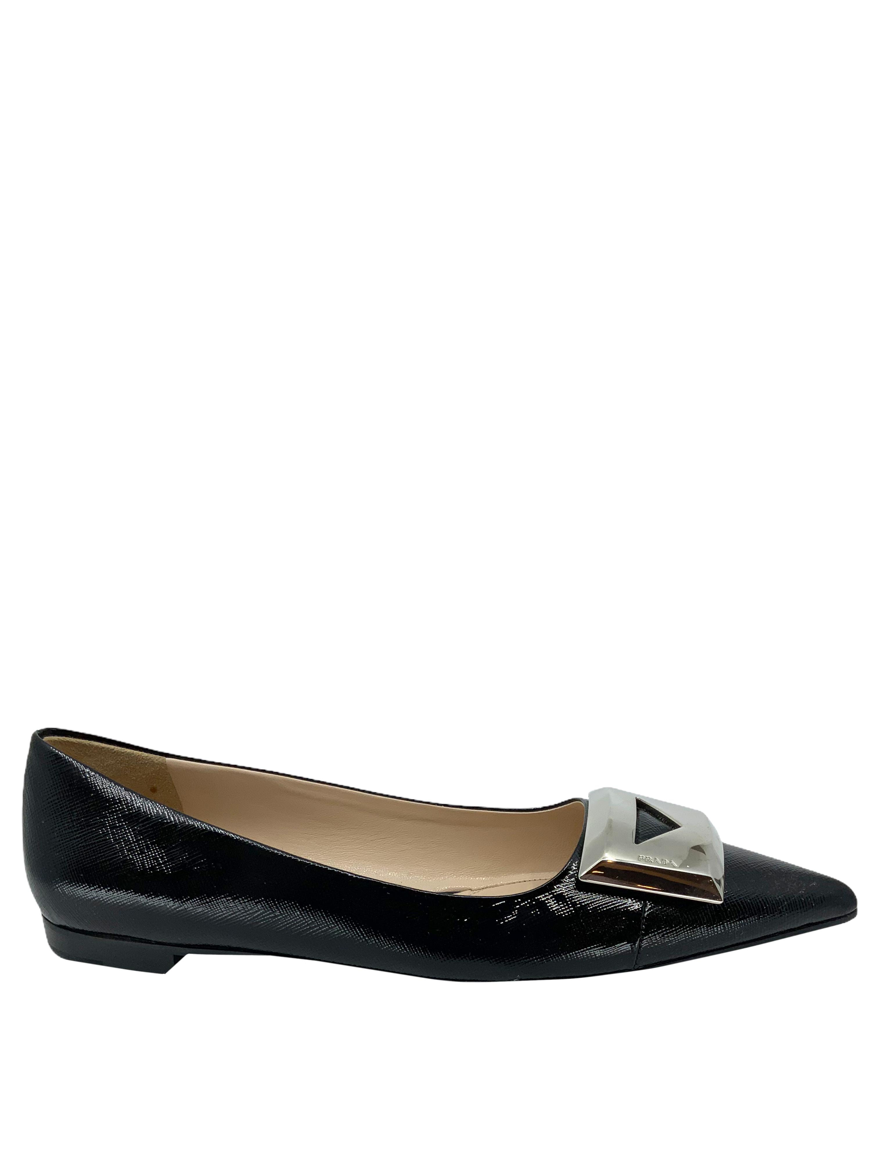 Prada Patent Leather Metal Logo Flats Size 9