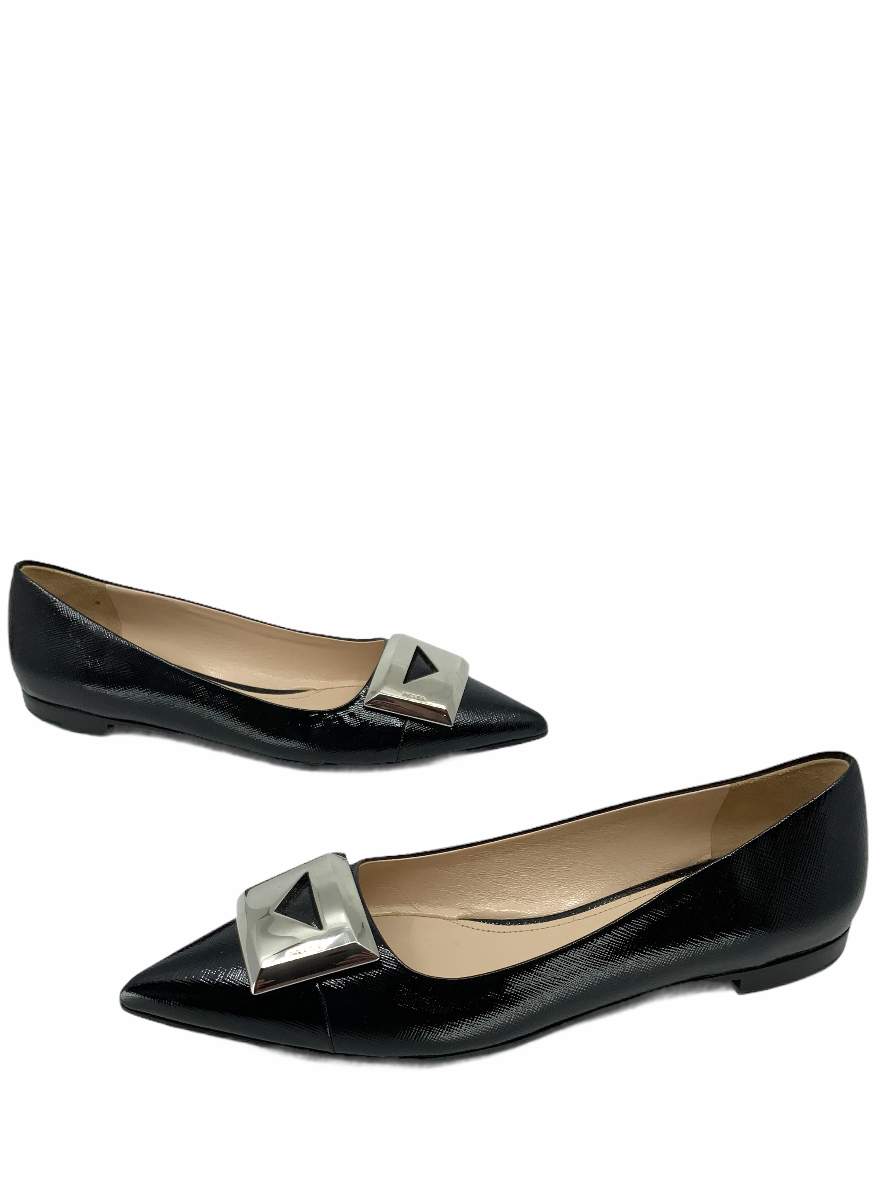 Prada Patent Leather Metal Logo Flats Size 9