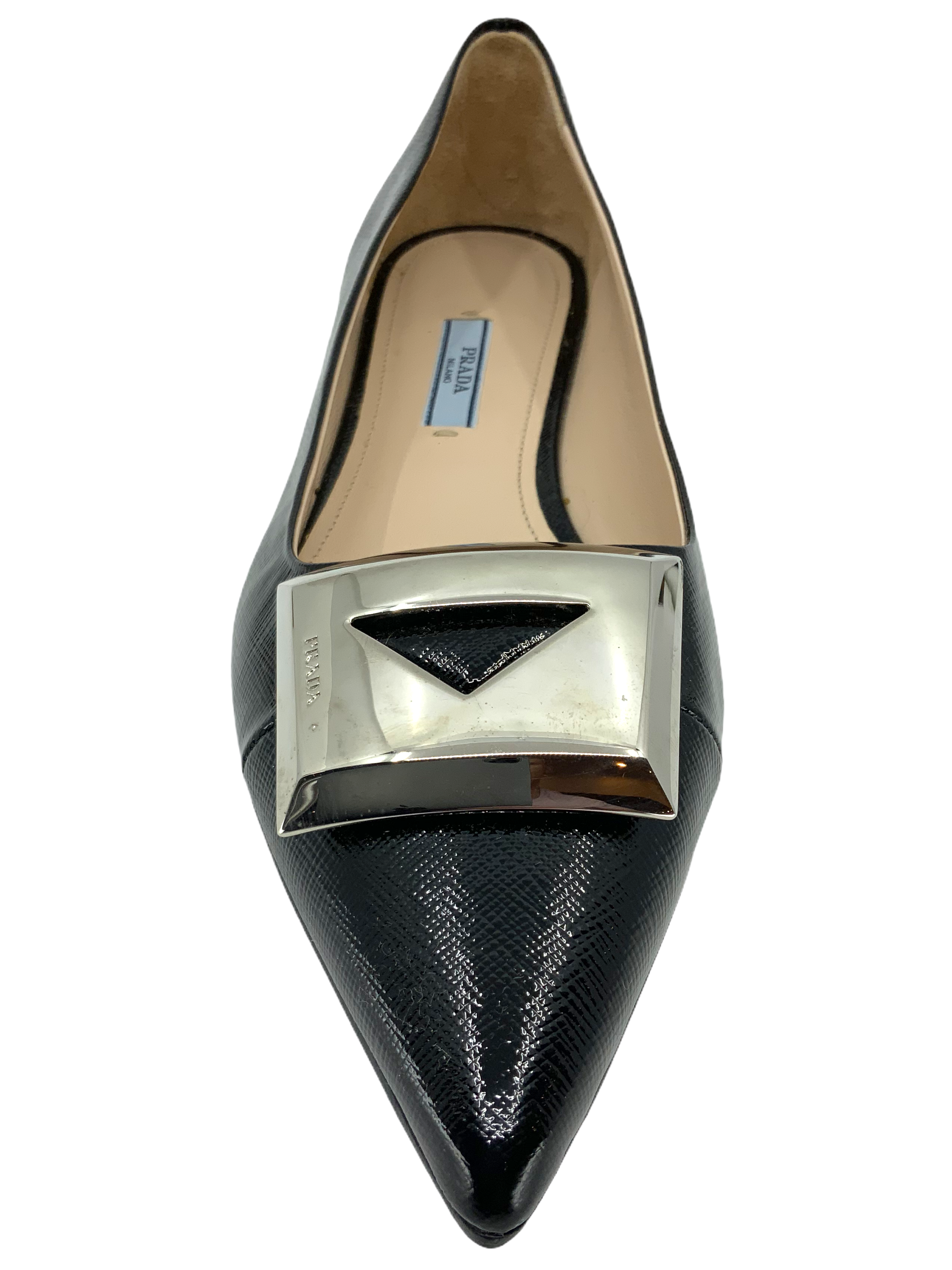 Prada Patent Leather Metal Logo Flats Size 9