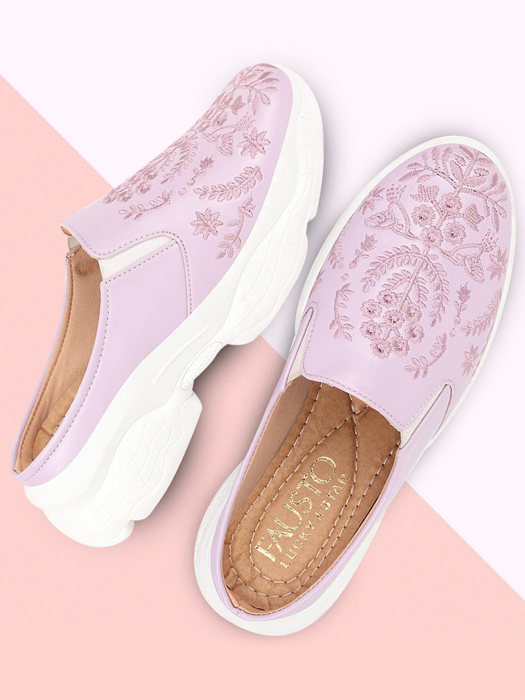 Purple Floral Print Embroidery Mules Shoes for Women