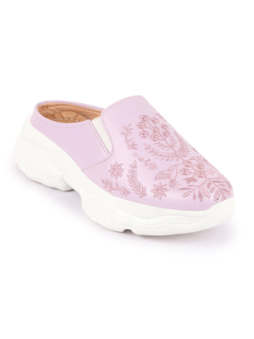 Purple Floral Print Embroidery Mules Shoes for Women