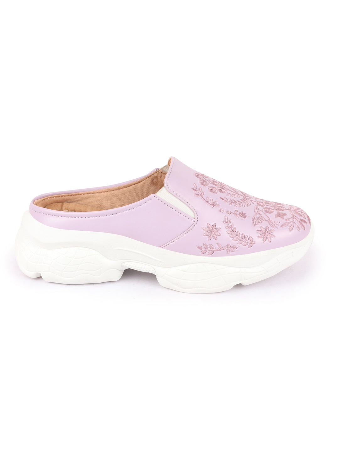 Purple Floral Print Embroidery Mules Shoes for Women