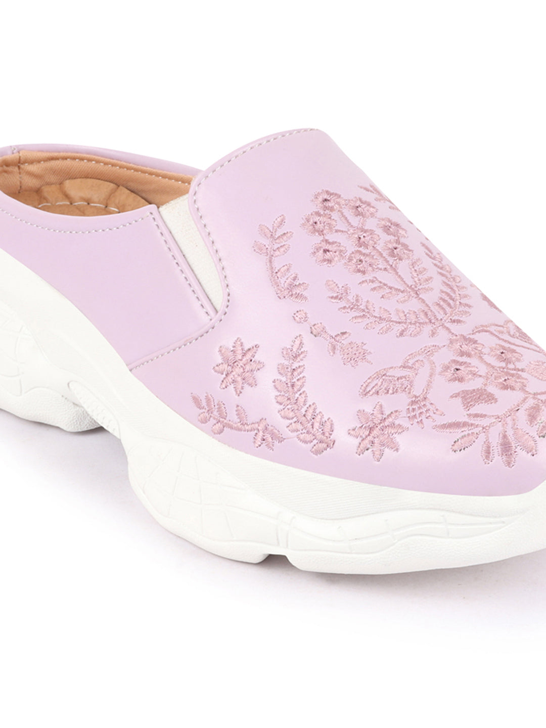 Purple Floral Print Embroidery Mules Shoes for Women