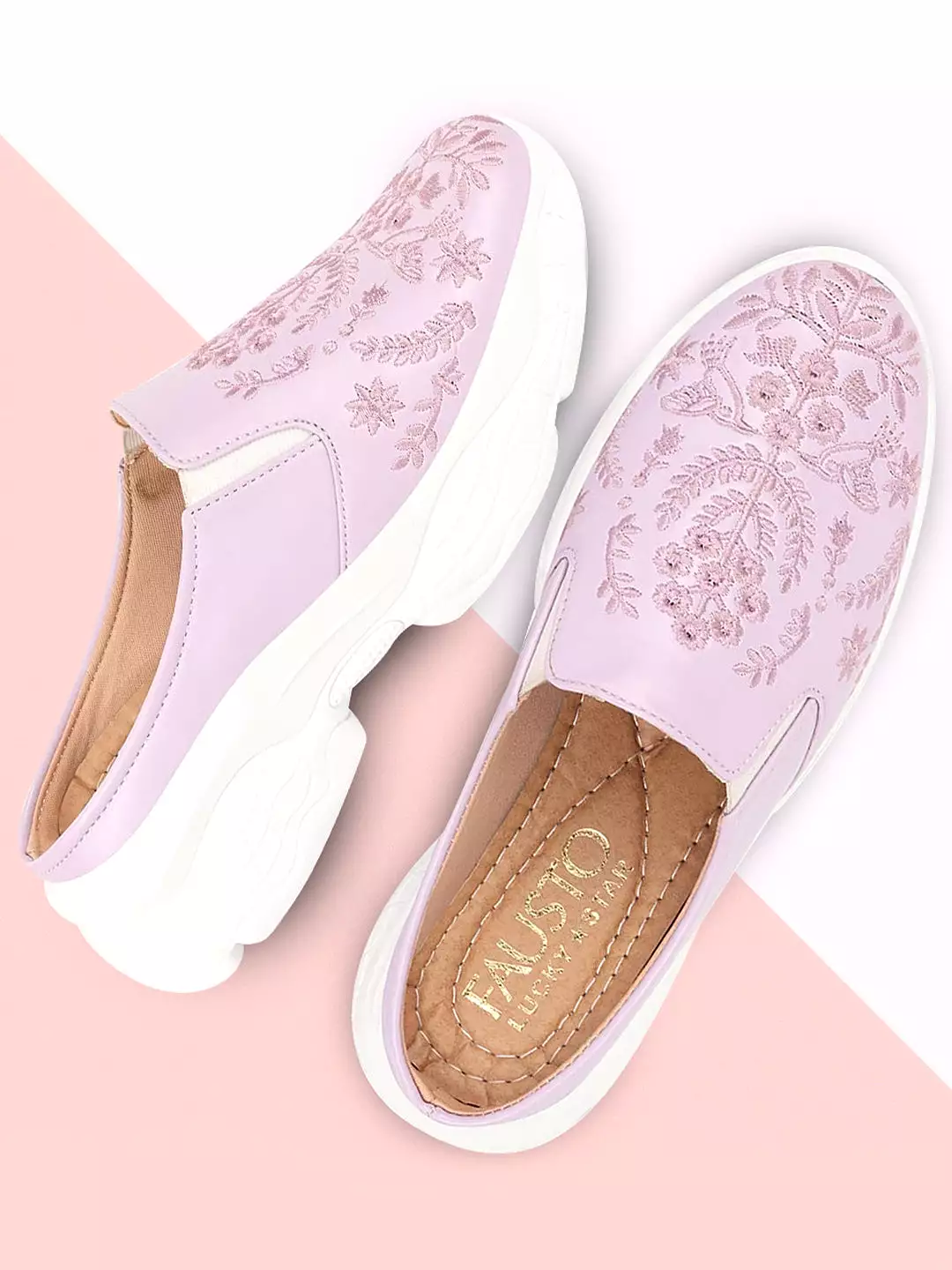 Purple Floral Print Embroidery Slip On Mules for Women