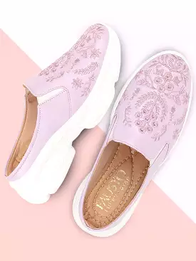 Purple Floral Print Embroidery Slip On Mules for Women