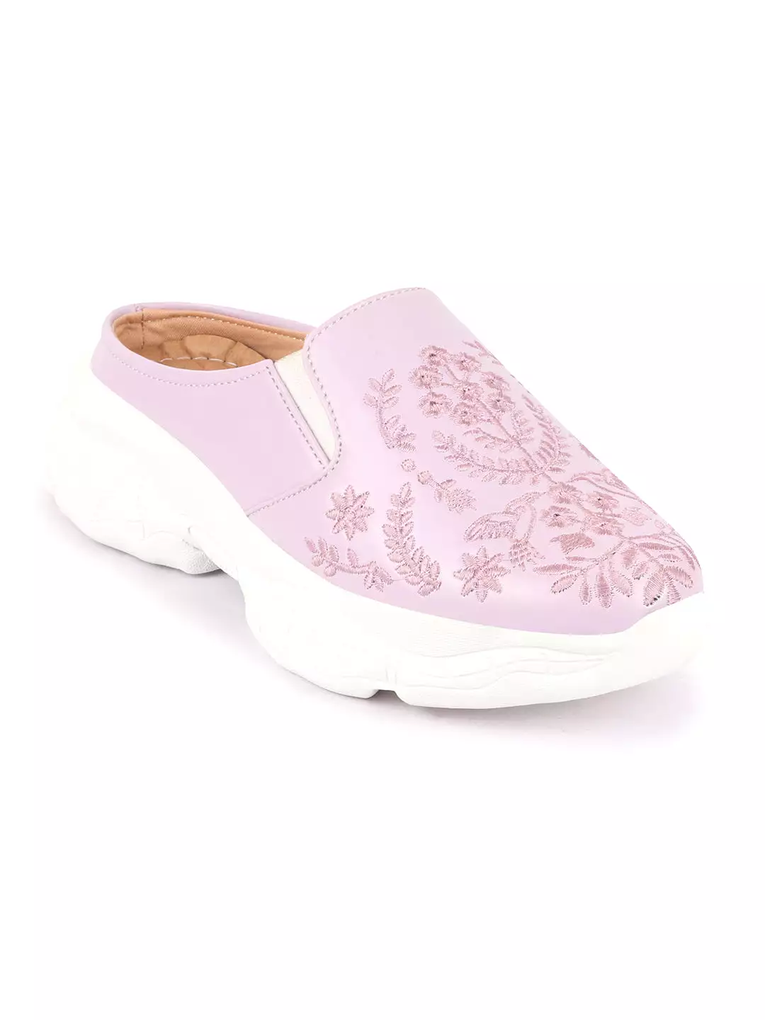 Purple Floral Print Embroidery Slip On Mules for Women