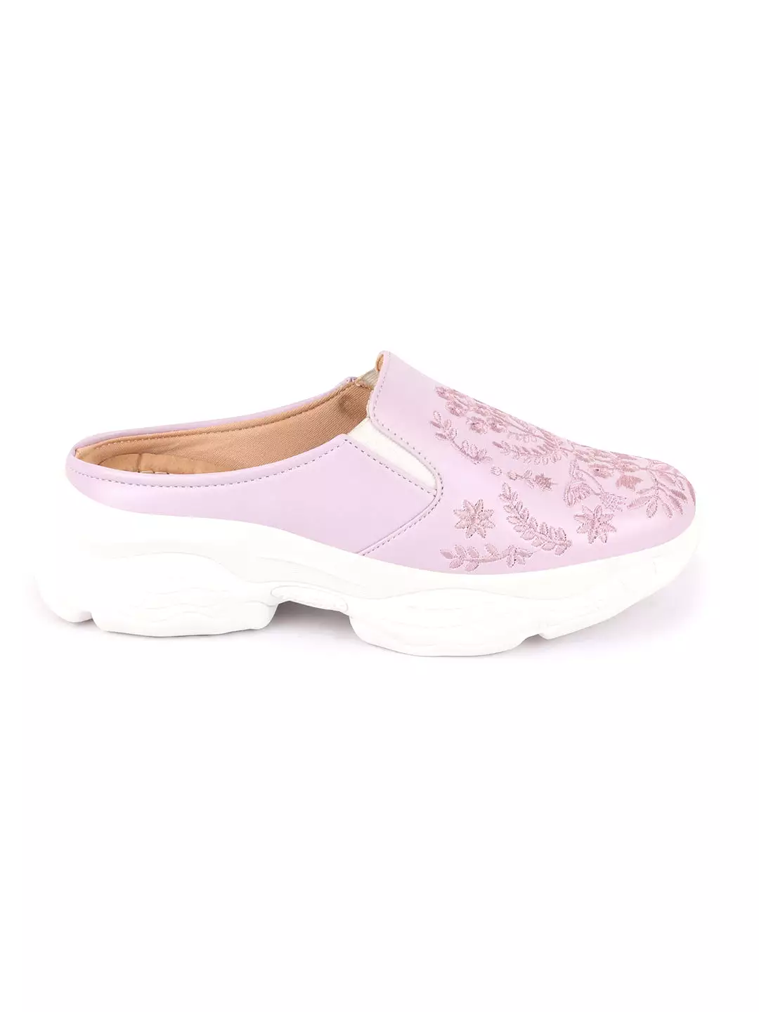 Purple Floral Print Embroidery Slip On Mules for Women