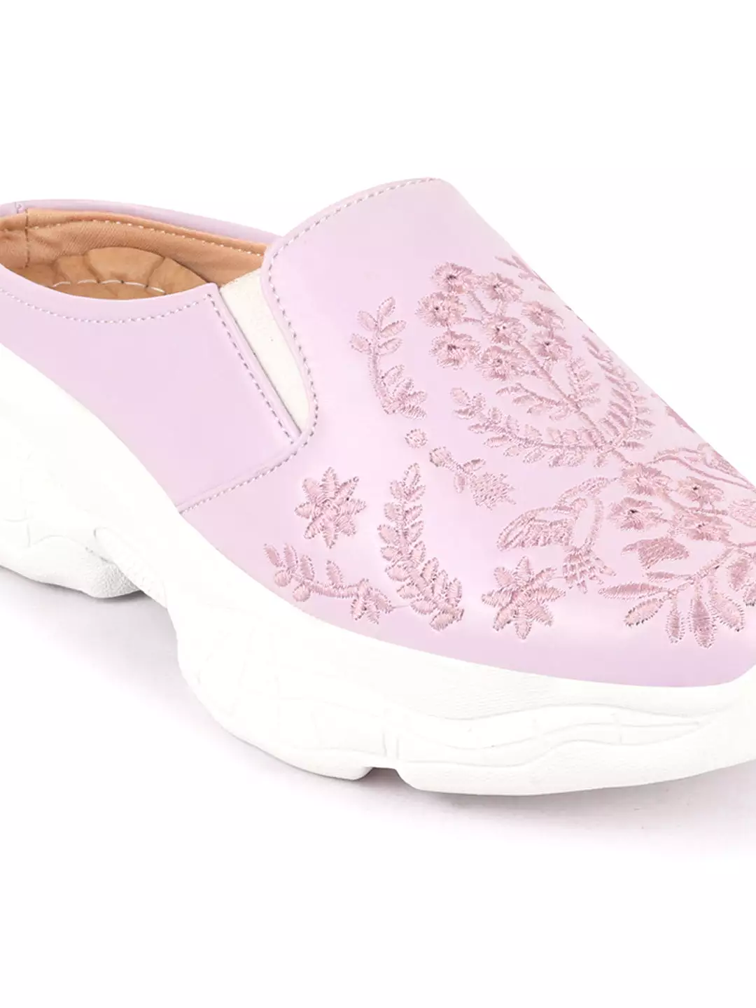 Purple Floral Print Embroidery Slip On Mules for Women