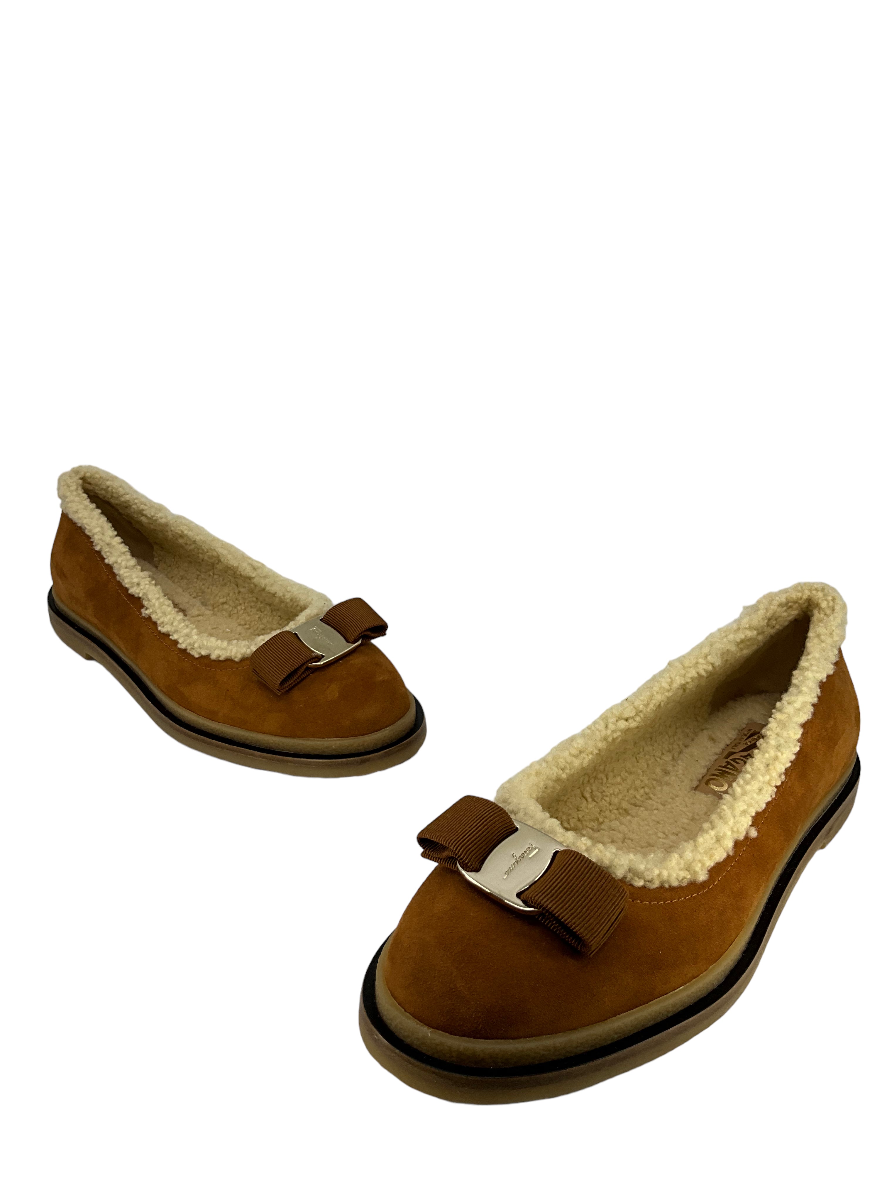 Salvatore Ferragamo Varina Suede Shearling Flats Brown Size 7.5