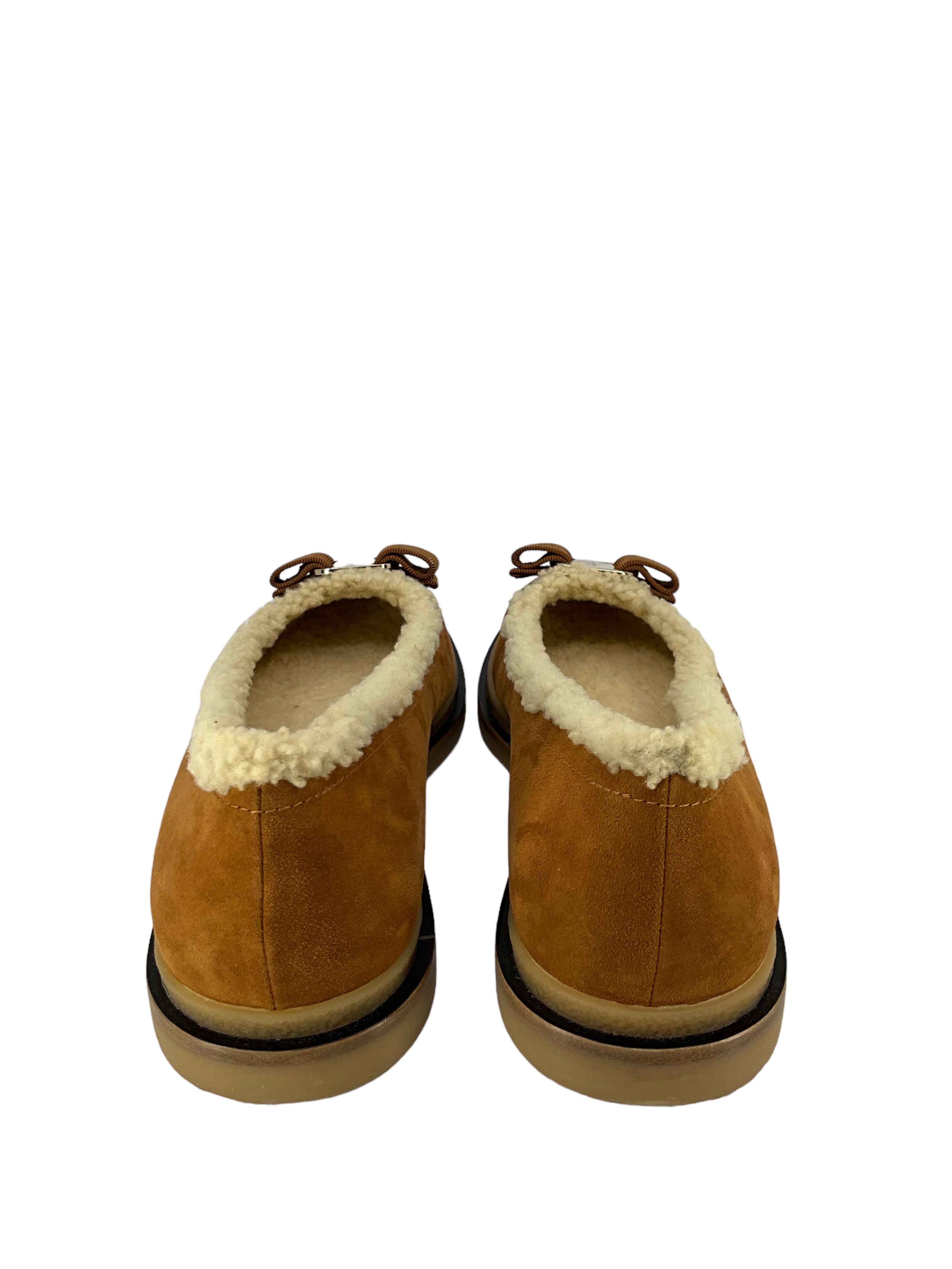 Salvatore Ferragamo Varina Suede Shearling Flats Brown Size 7.5