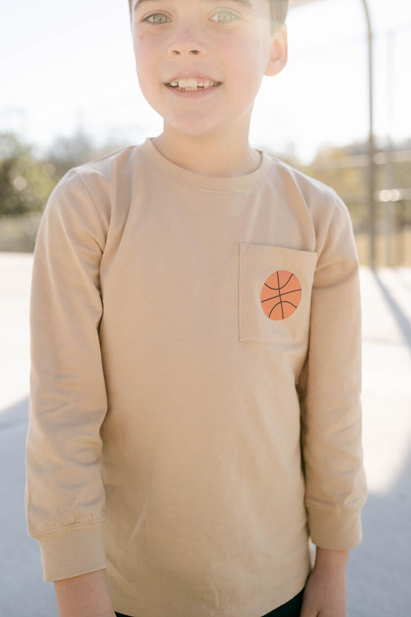 Shop Little Paper Boat Tan LS Pocket Tee Basketball.