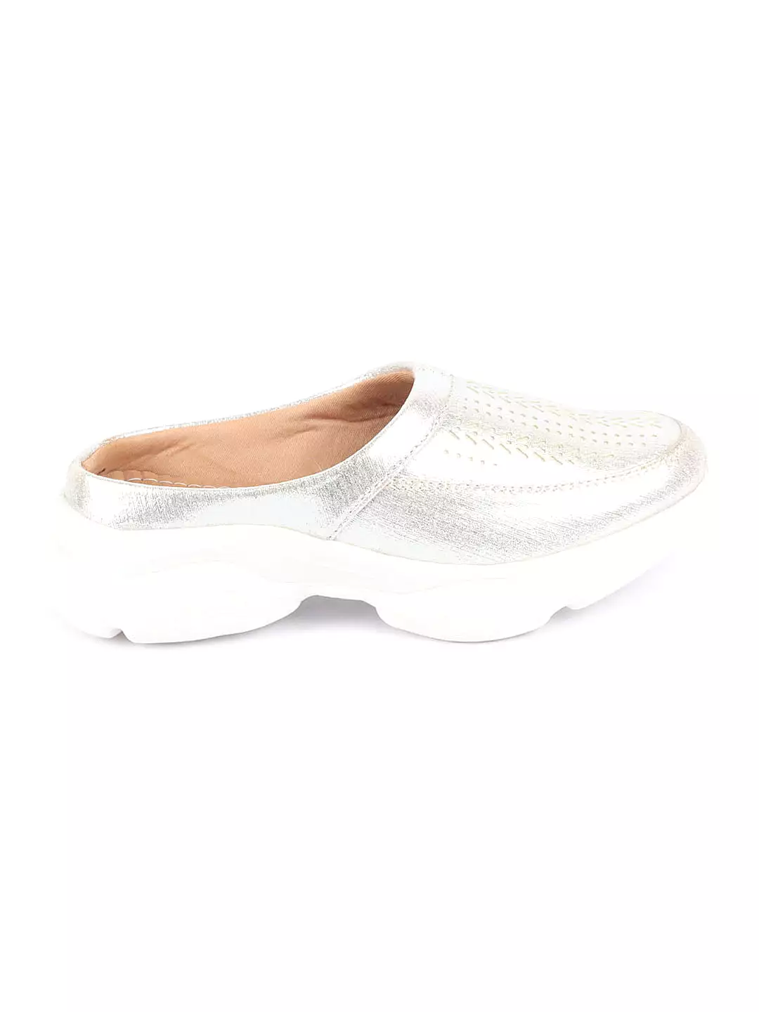 Silver Laser Cut Design Open Back Slip On Mules for Women