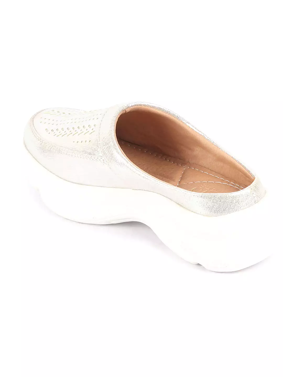 Silver Laser Cut Design Open Back Slip On Mules for Women