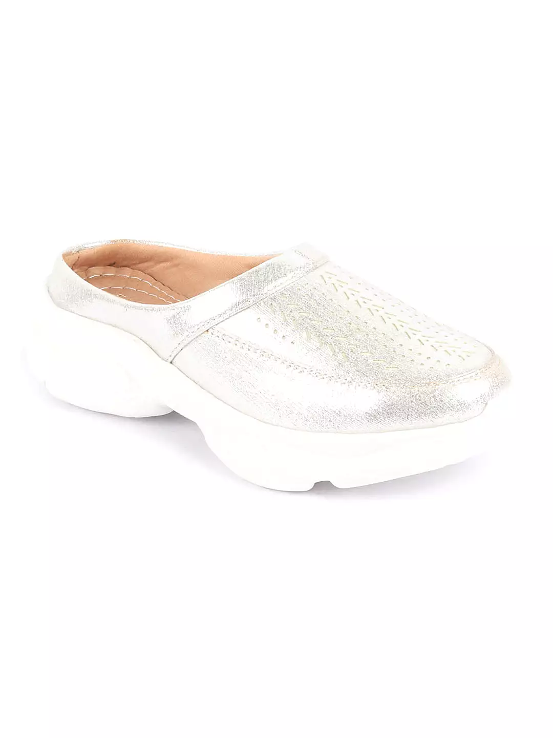 Silver Laser Cut Design Open Back Slip On Mules for Women