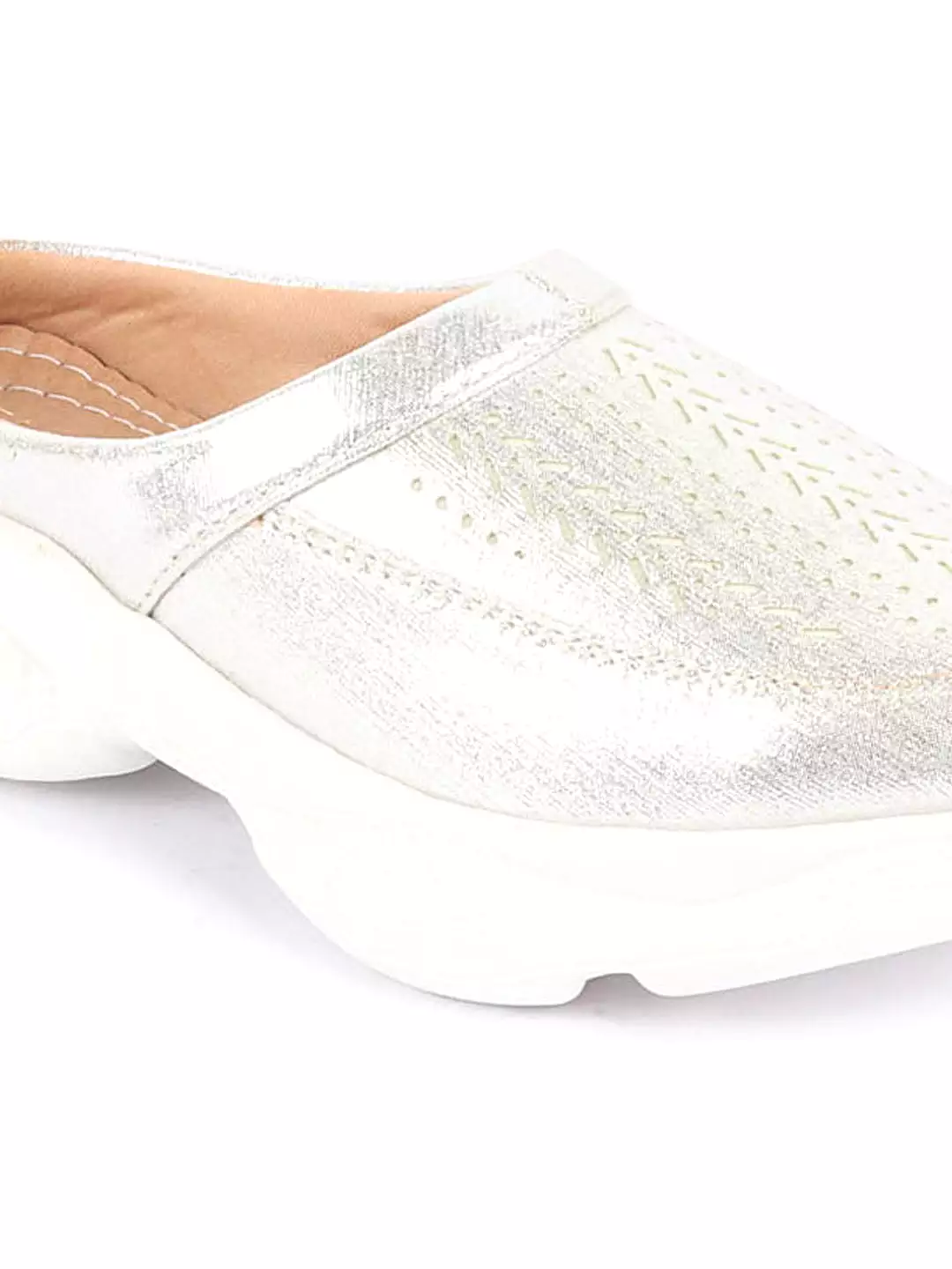 Silver Laser Cut Design Open Back Slip On Mules for Women