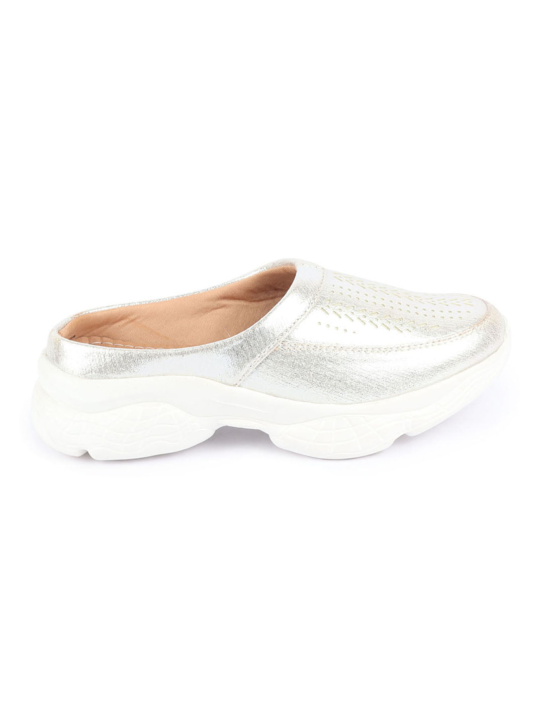 Silver Laser Cut Design Stitched Back Open Slip On Mules Shoes for Women