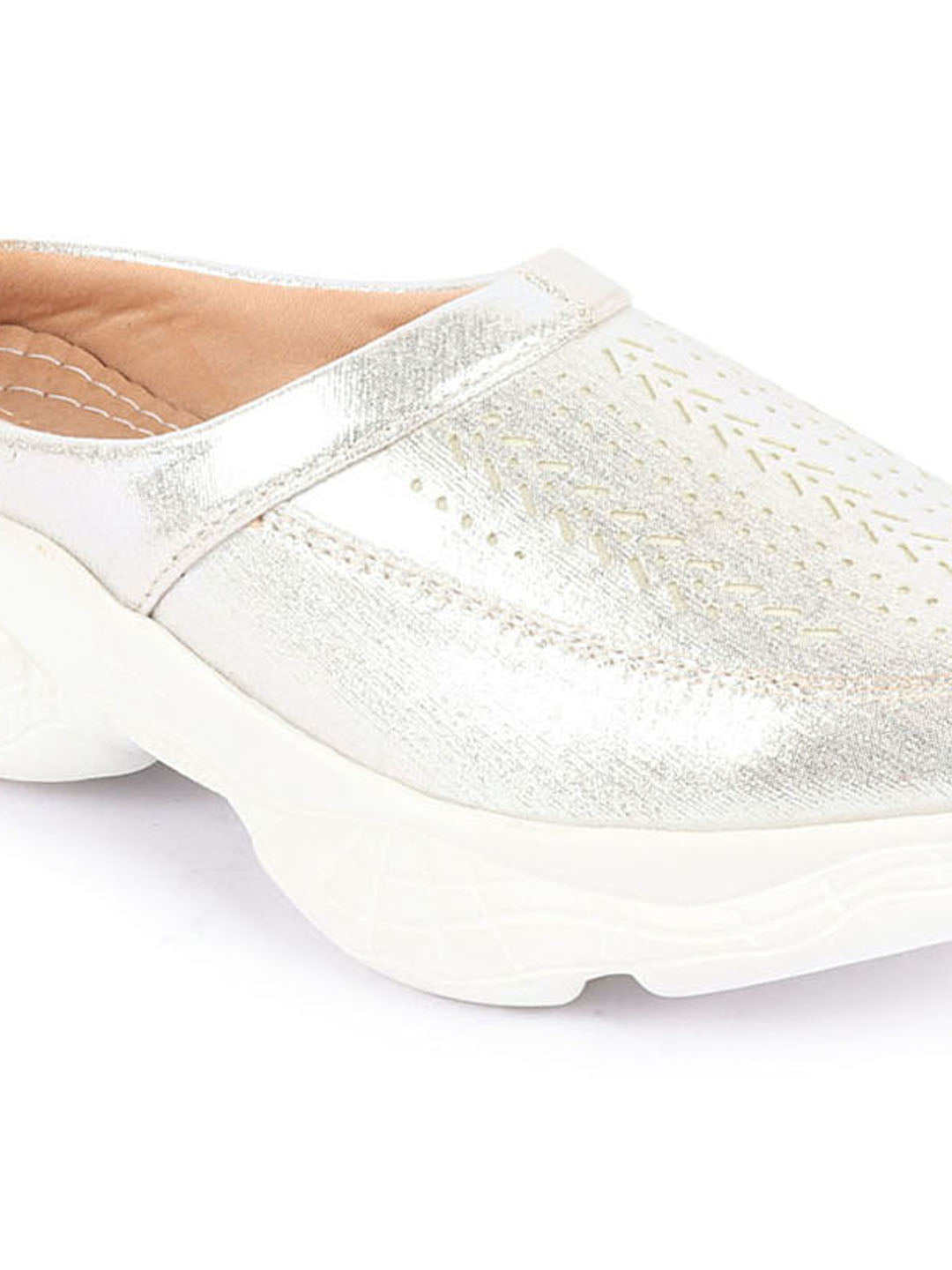 Silver Laser Cut Design Stitched Back Open Slip On Mules Shoes for Women