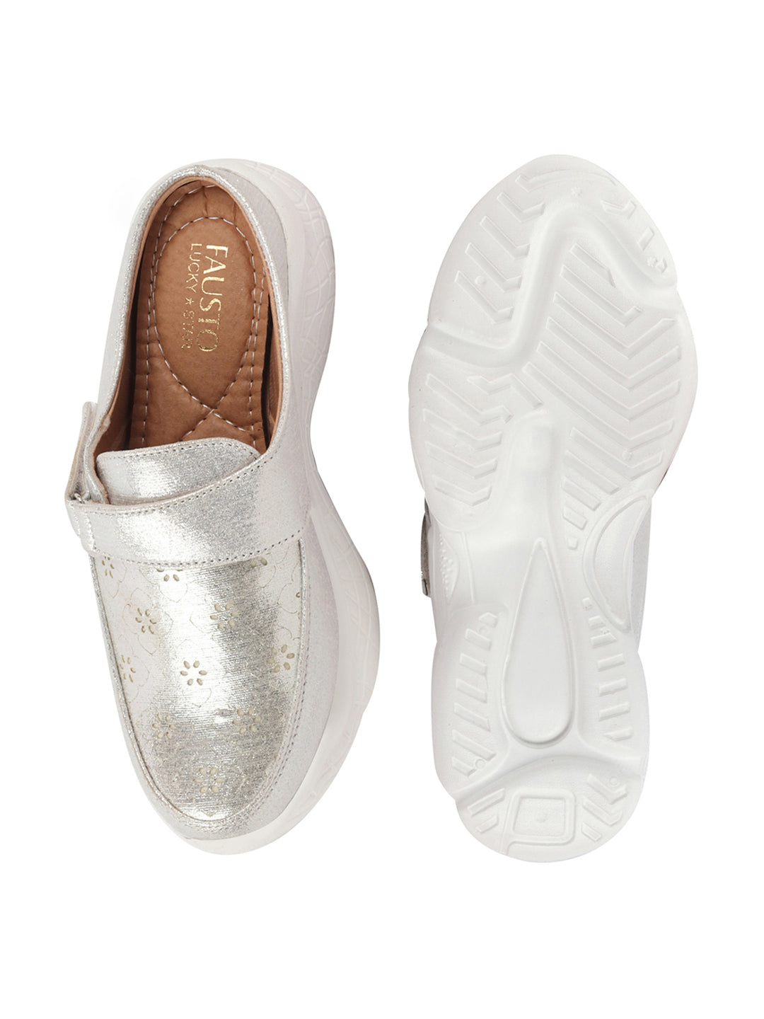 Silver Laser Cut Floral Design Slip On Mules Shoes for Women with Hook and Loop Back - Buy Now!