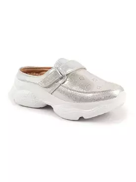 Silver Laser Cut Floral Design Slip On Mules Shoes for Women with Hook and Loop Back - Buy Now!