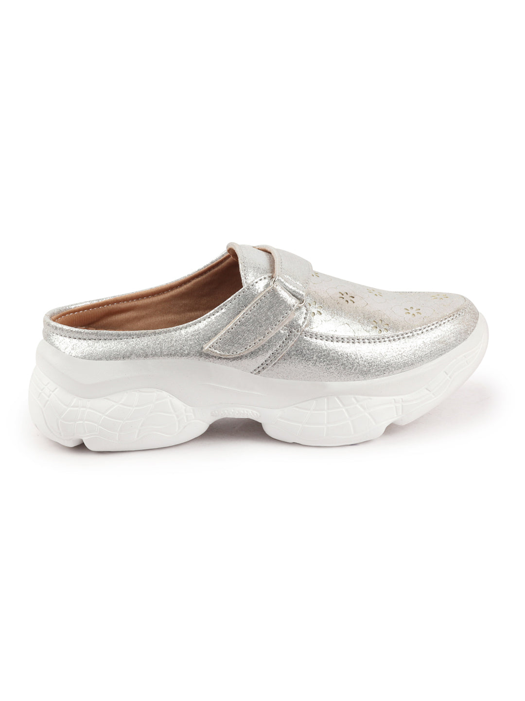 Silver Laser Cut Floral Design Slip On Mules Shoes for Women with Hook and Loop Back - Buy Now!