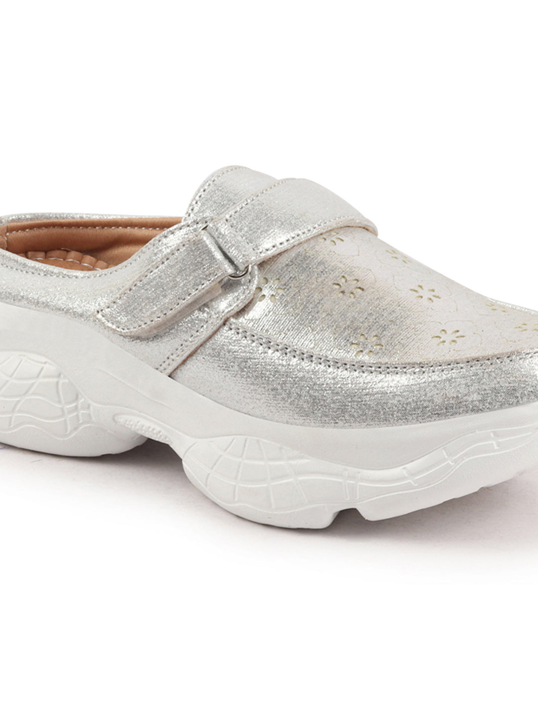 Silver Laser Cut Floral Design Slip On Mules Shoes for Women with Hook and Loop Back - Buy Now!