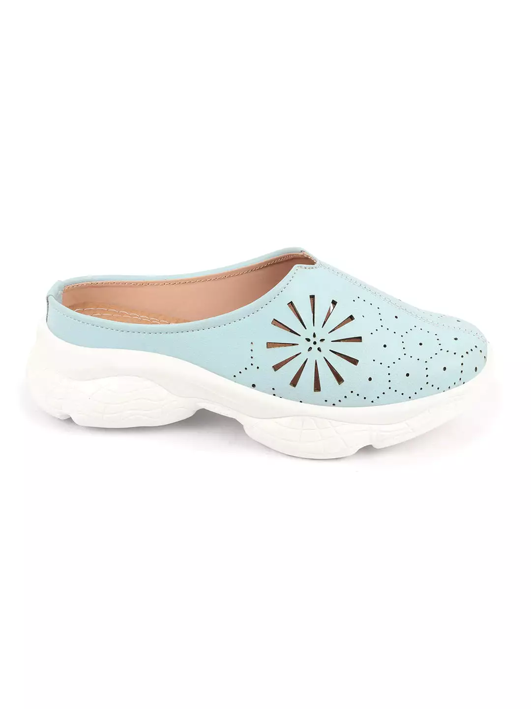 Sky Blue Laser Cut Design Back Open Mules