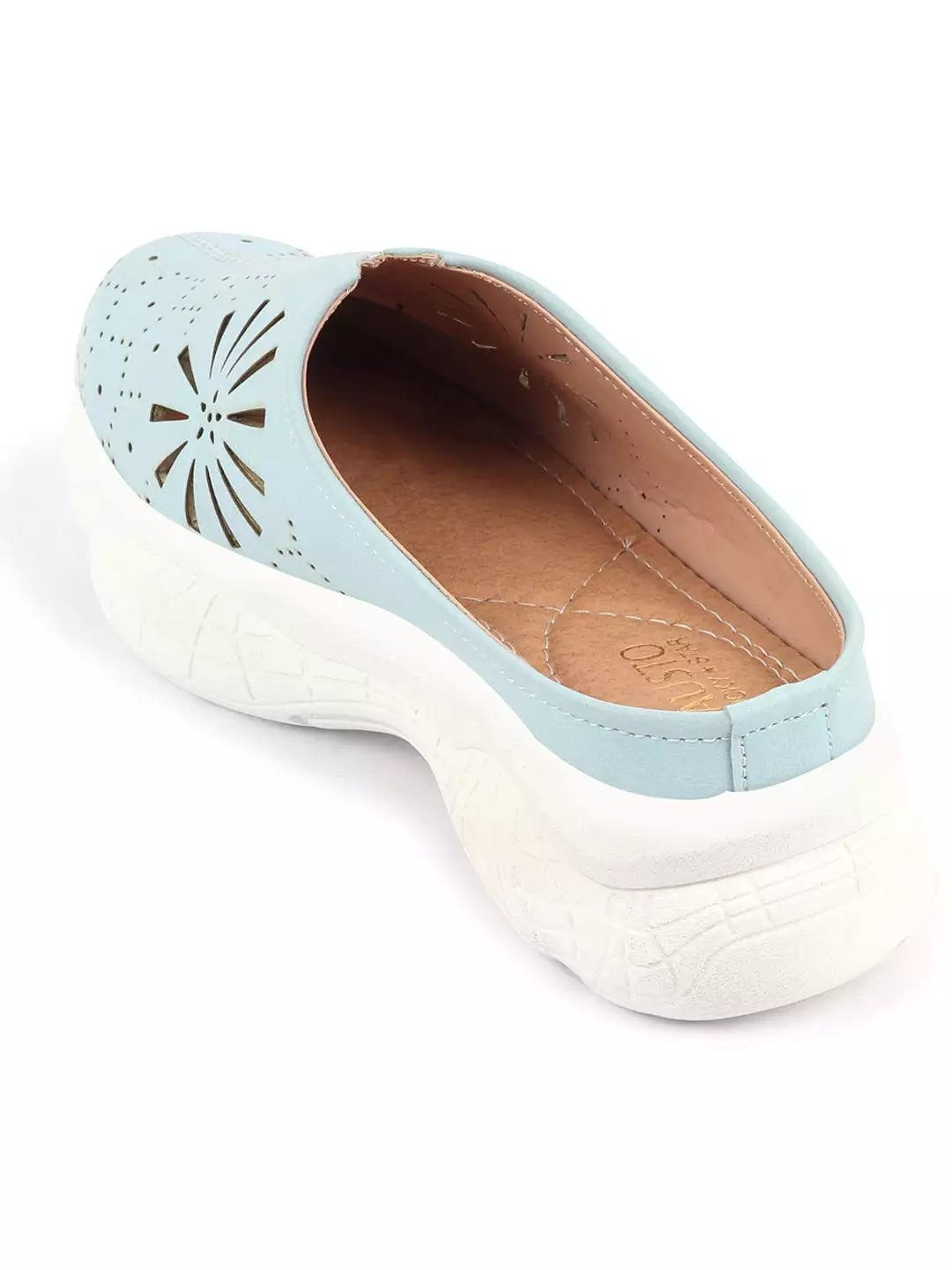 Sky Blue Laser Cut Design Back Open Mules