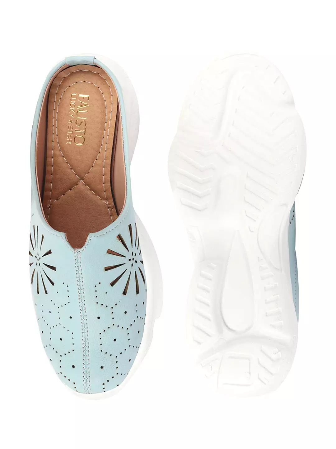 Sky Blue Laser Cut Design Back Open Mules