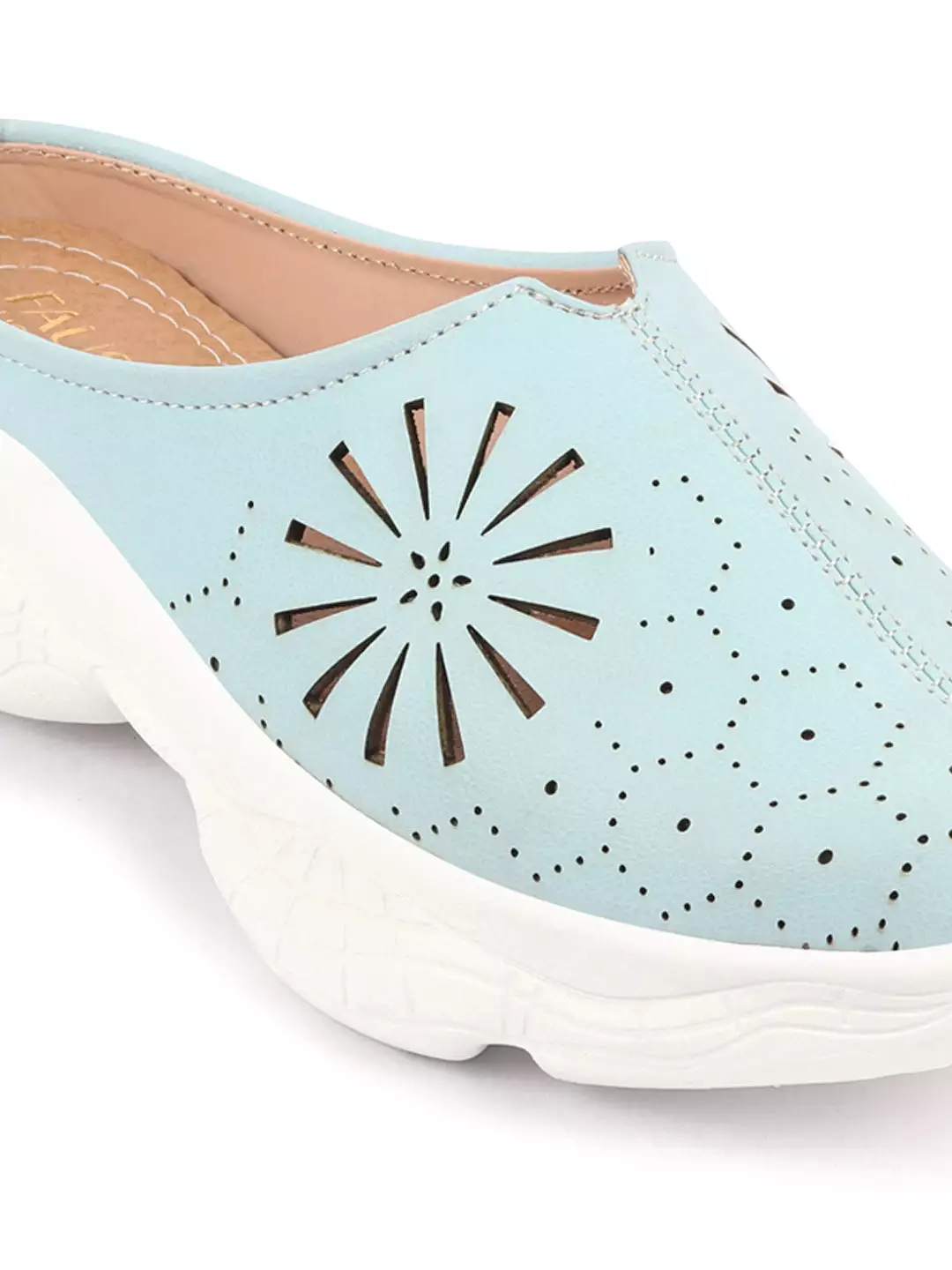 Sky Blue Laser Cut Design Back Open Mules