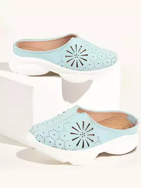 Sky blue laser cut design slip on mules shoes for women with breathable back design.