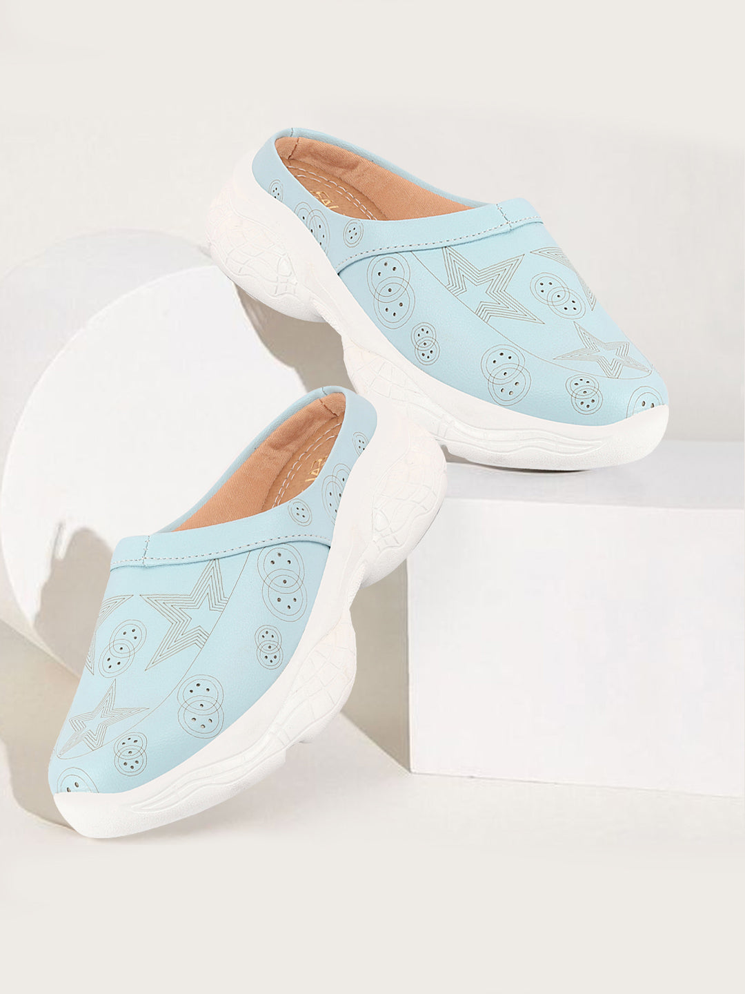 Sky Blue Laser Cut Star Design Open Back Slip-On Mules Shoes for Women.