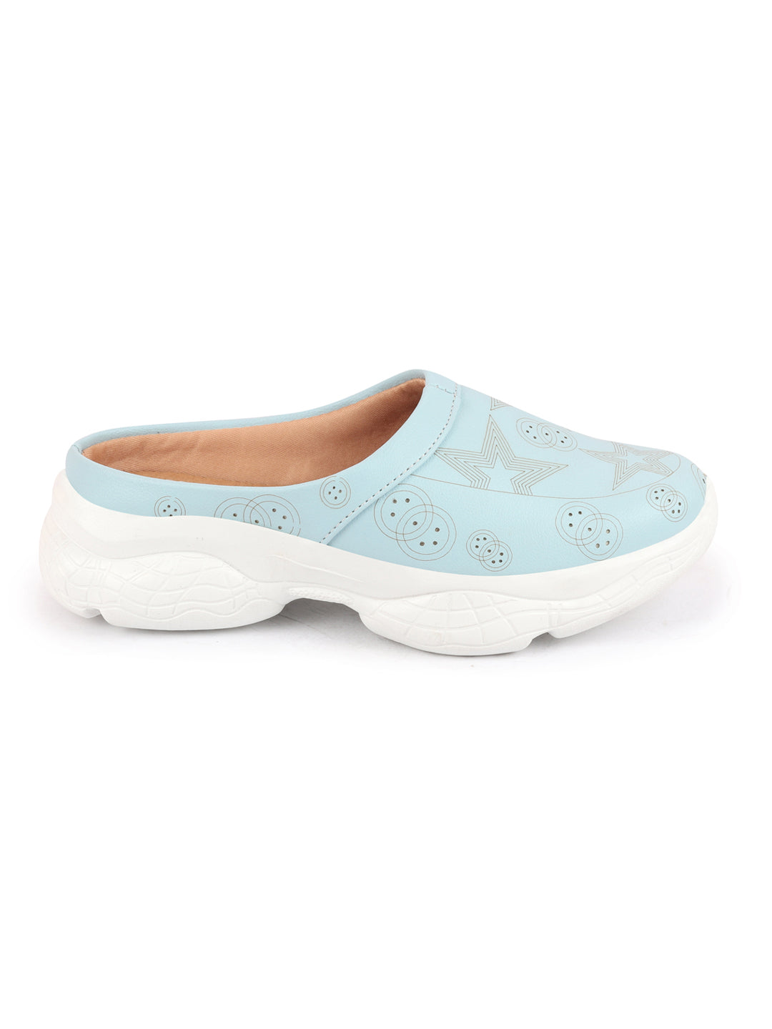 Sky Blue Laser Cut Star Design Open Back Slip-On Mules Shoes for Women.