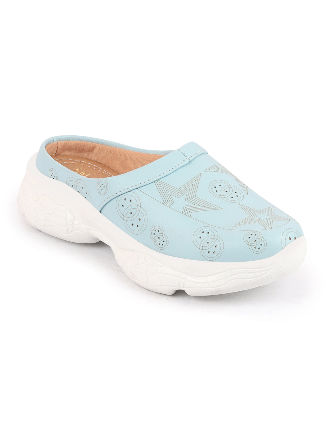 Sky Blue Laser Cut Star Design Open Back Slip-On Mules Shoes for Women.