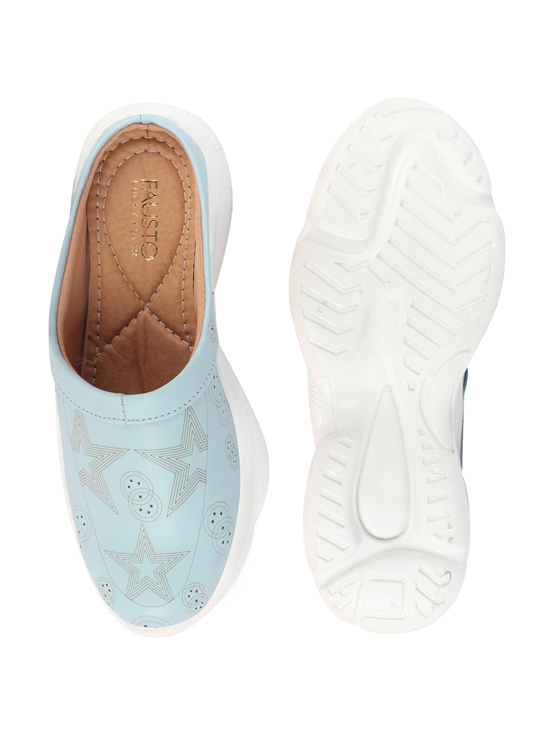 Sky Blue Laser Cut Star Design Open Back Slip-On Mules Shoes for Women.