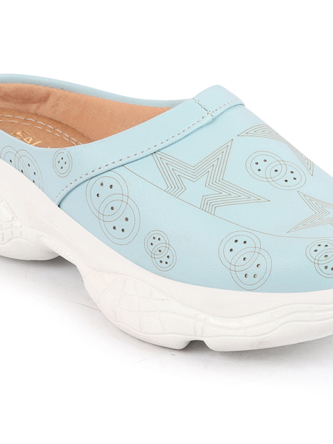 Sky Blue Laser Cut Star Design Open Back Slip-On Mules Shoes for Women.