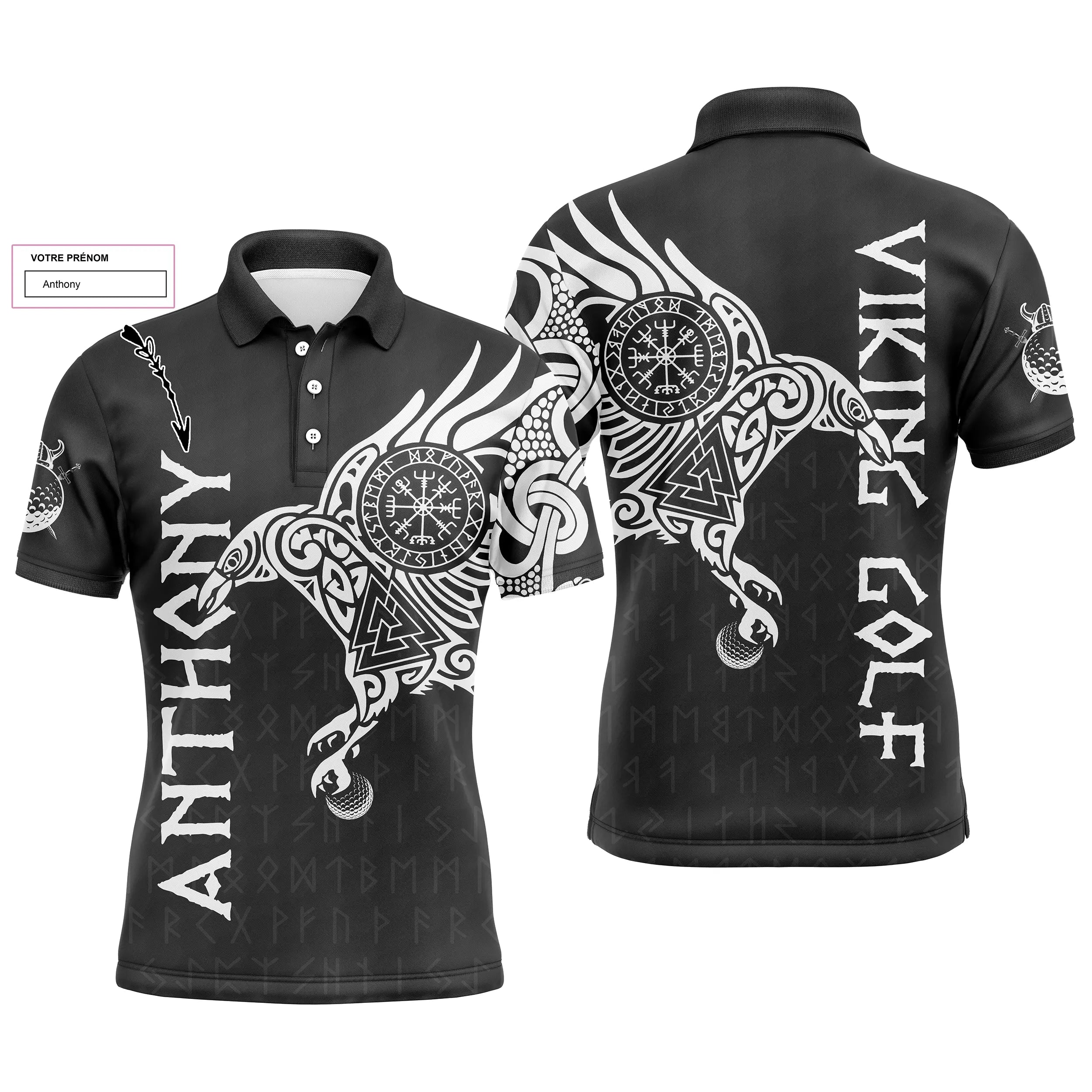 Tatouage corbeau viking - polo de golf personnalisé homme et femme - design cool pour golfeur, golfeuse - idée cadeau original.