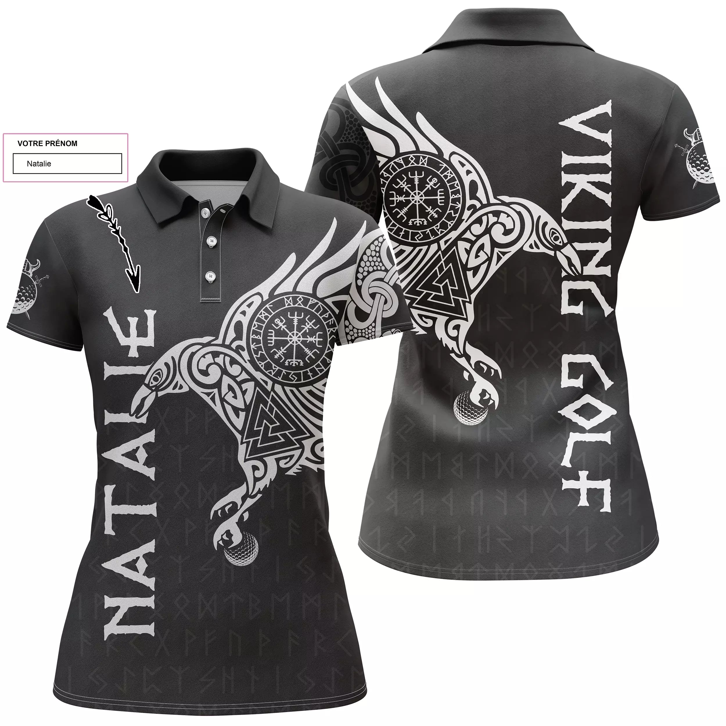 Tatouage corbeau viking - polo de golf personnalisé homme et femme - design cool pour golfeur, golfeuse - idée cadeau original.