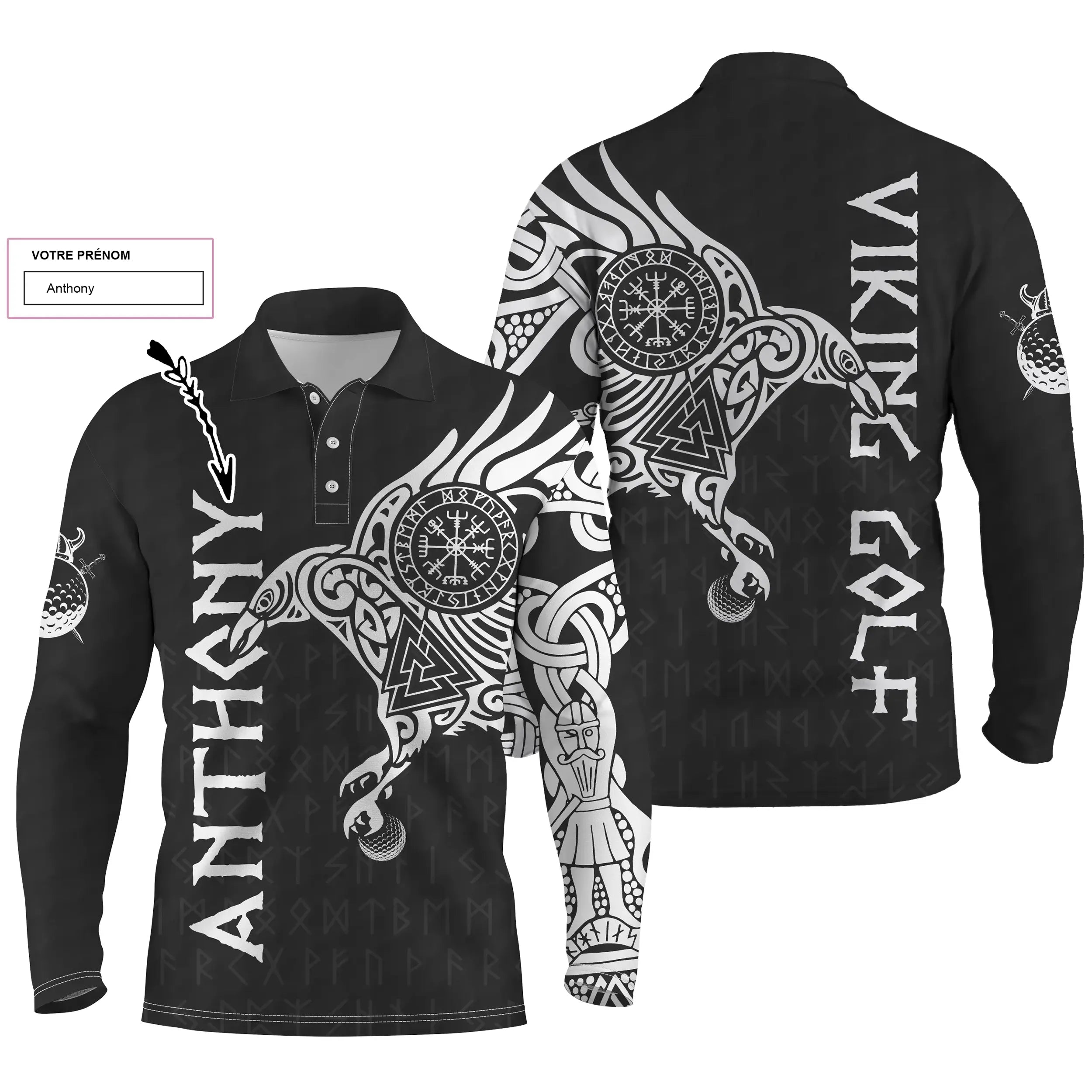 Tatouage corbeau viking - polo de golf personnalisé homme et femme - design cool pour golfeur, golfeuse - idée cadeau original.